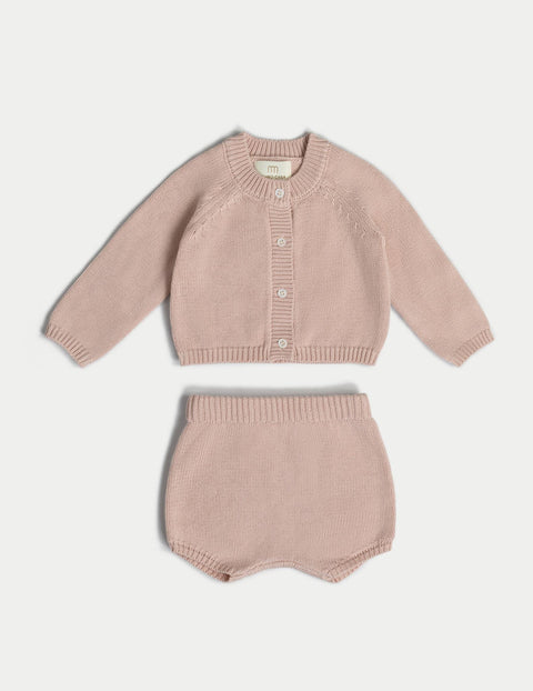 有機棉嬰兒針織套組(開襟衫和短褲)- 粉紅色