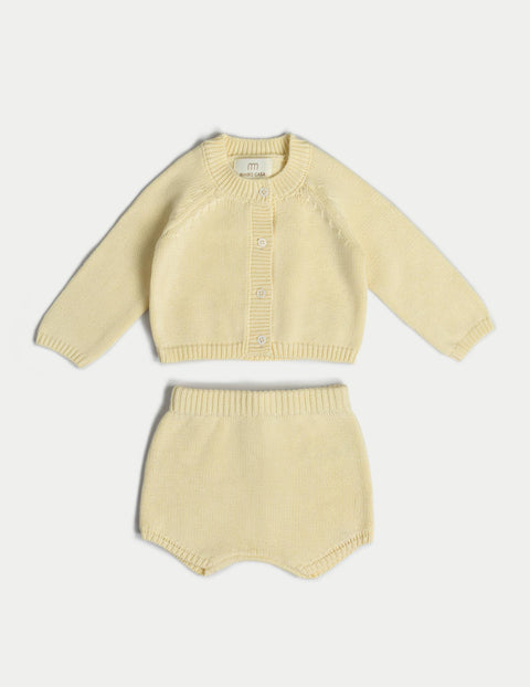 有機棉嬰兒針織套裝(開襟衫和短褲)- 沙色