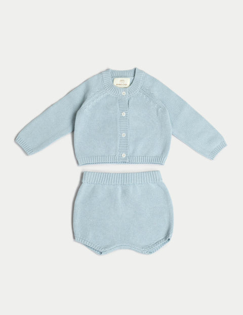 有機棉嬰兒針織套裝(開襟衫和短褲) - 藍色