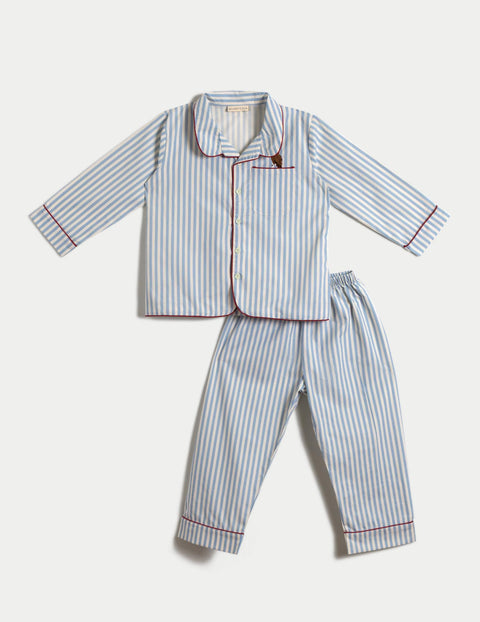 兒童男童睡衣套裝 - 貓頭鷹刺繡藍條紋