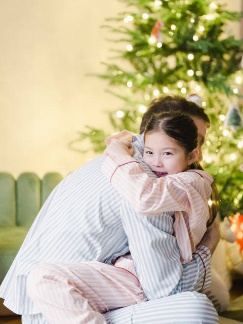 成人男士睡衣套裝 - 貓頭鷹刺繡藍條紋