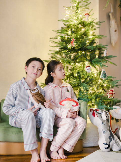 兒童男童睡衣套裝 - 貓頭鷹刺繡藍條紋