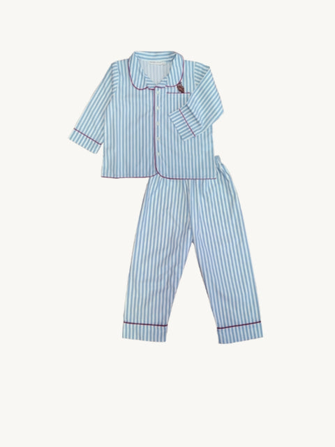 兒童男童睡衣套裝 - 貓頭鷹刺繡藍條紋
