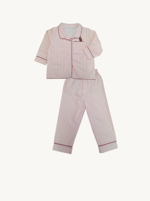 女童睡衣套裝 - 貓頭鷹刺繡粉紅條紋