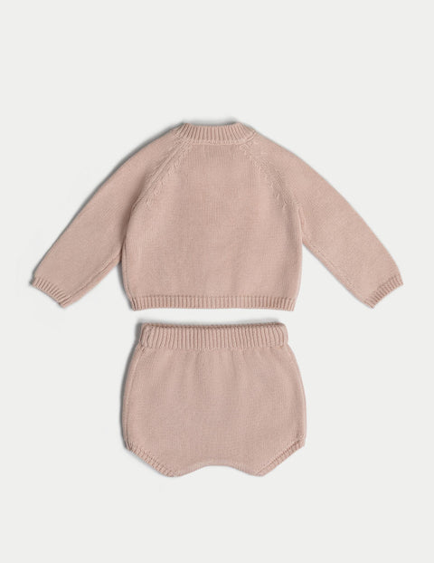 有機棉嬰兒針織套組（開襟衫和短褲）- 粉紅色