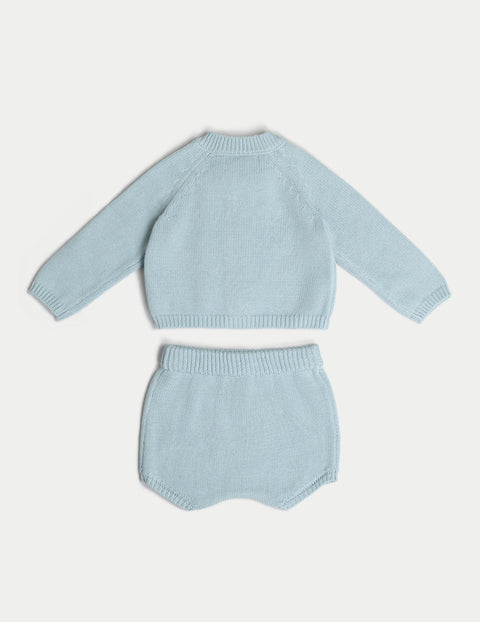 有機棉嬰兒針織套裝（開襟衫和短褲） - 藍色