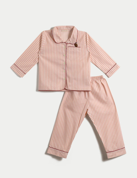 女童睡衣套裝 - 貓頭鷹刺繡粉紅條紋