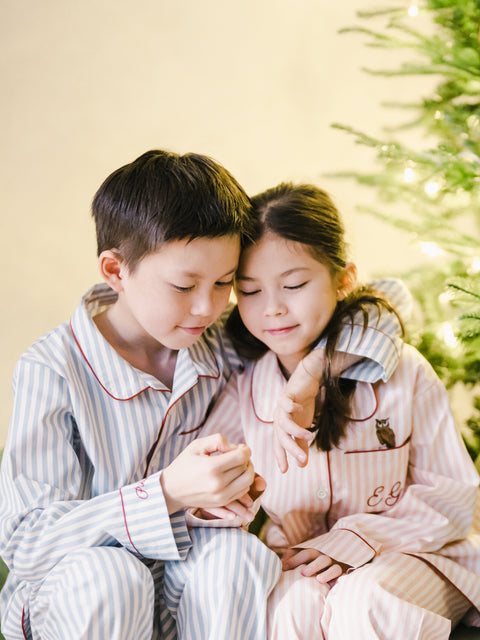 兒童男童睡衣套裝 - 貓頭鷹刺繡藍條紋