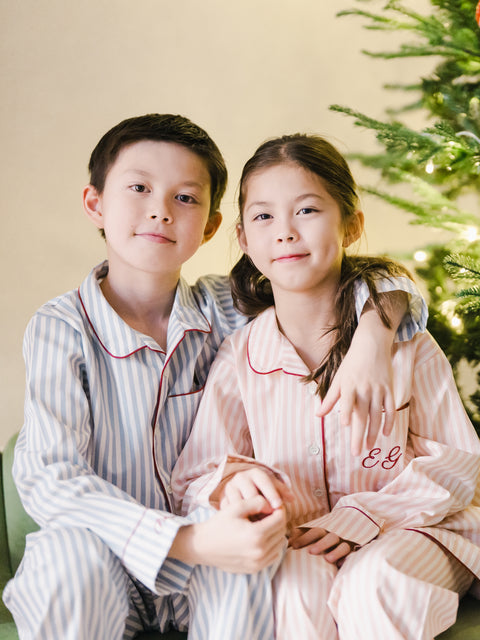 兒童男童睡衣套裝 - 貓頭鷹刺繡藍條紋