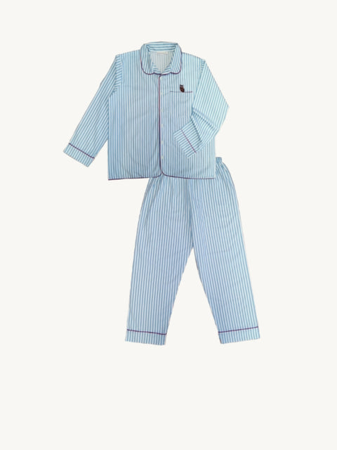 成人男士睡衣套裝 - 貓頭鷹刺繡藍條紋