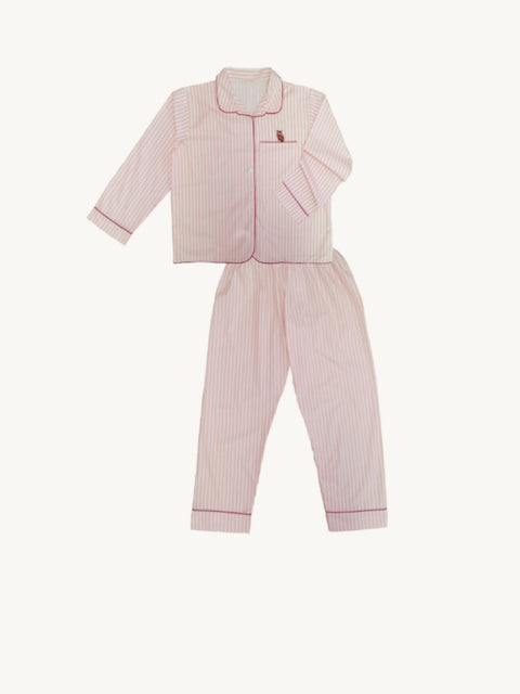 成人女士睡衣套裝 - 貓頭鷹刺繡粉紅色條紋